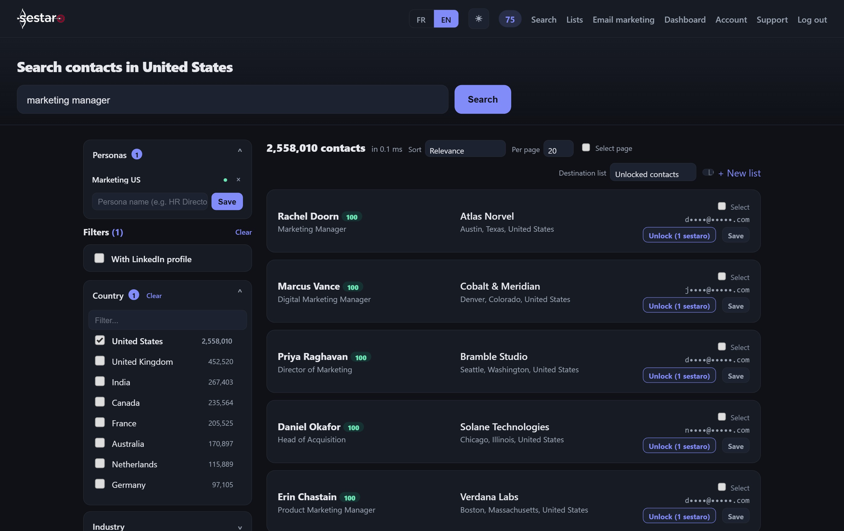 The Sestaro search screen: filters by job title, industry, country and company size on the left; on the right the matching contacts with their company, location and the button that reveals their email.